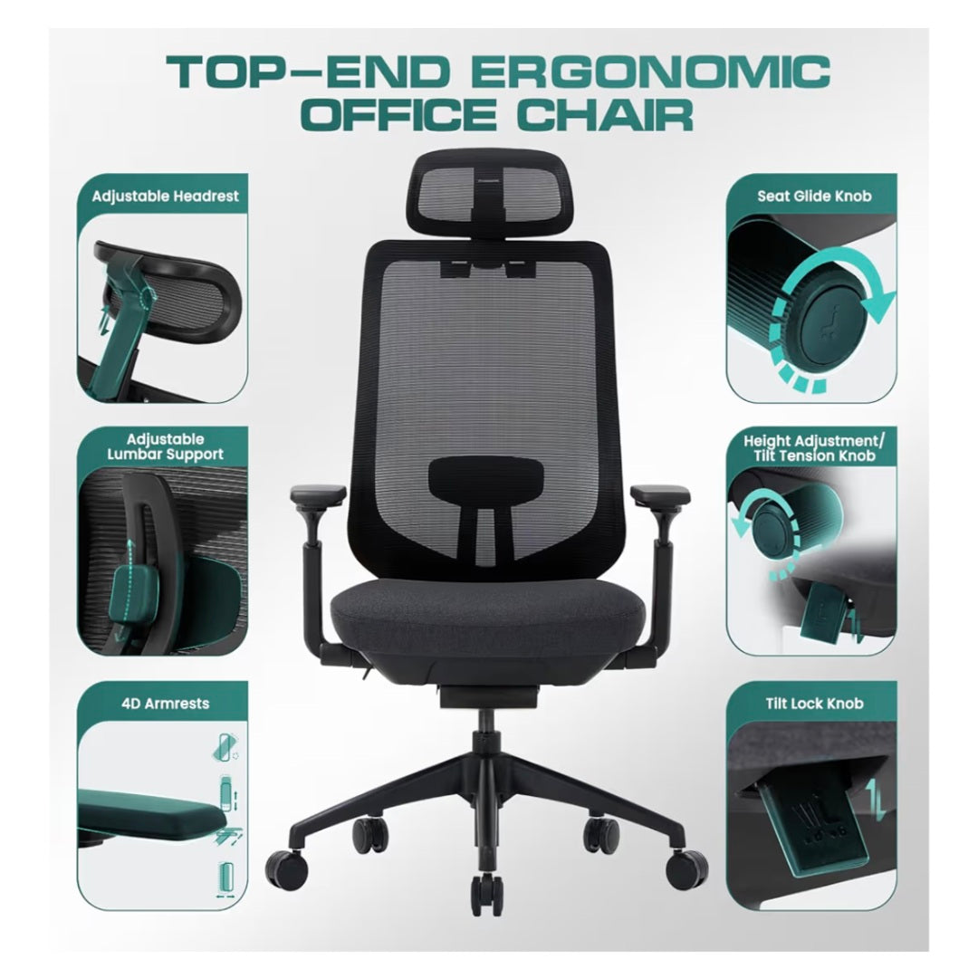 COLAMY Ergonomic Mesh Office Chair, High Back Computer Executive Desk Chair with Adjustable Headrest and 4D Arms, Slide Seat, Tilt Lock, Black
