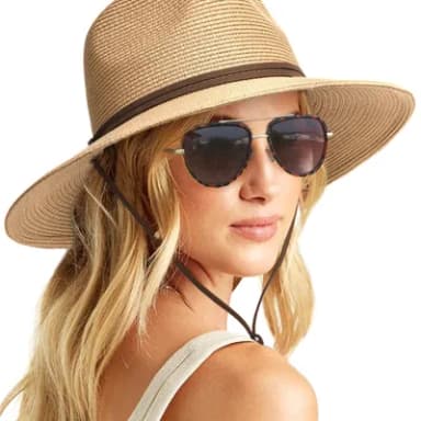 FURTALK Unisex Summer Straw Sun Hats Womens Wide Brim Panama Fedora Beach Hat with Wind Lanyard Beige UV Protection Adjustable