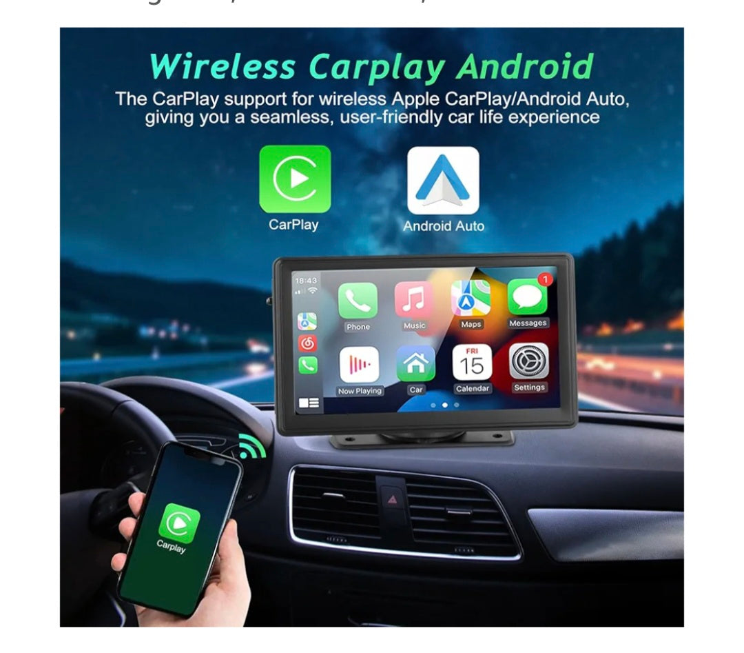 Wireless Apple CarPlay Android Auto Screen, Car Stereo 7" HD Touchscreen Car Play Screen, Portable Navigation Radio Vedio Player with Bluetooth WiFi, Live Navigation, Voice Control, Mirror Link