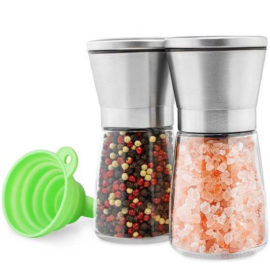 Salt and Pepper Grinder Set - Manual Mill Grinders for Kitchen - Glass and Stainless Steel Spice Mills with Adjustable Coarseness