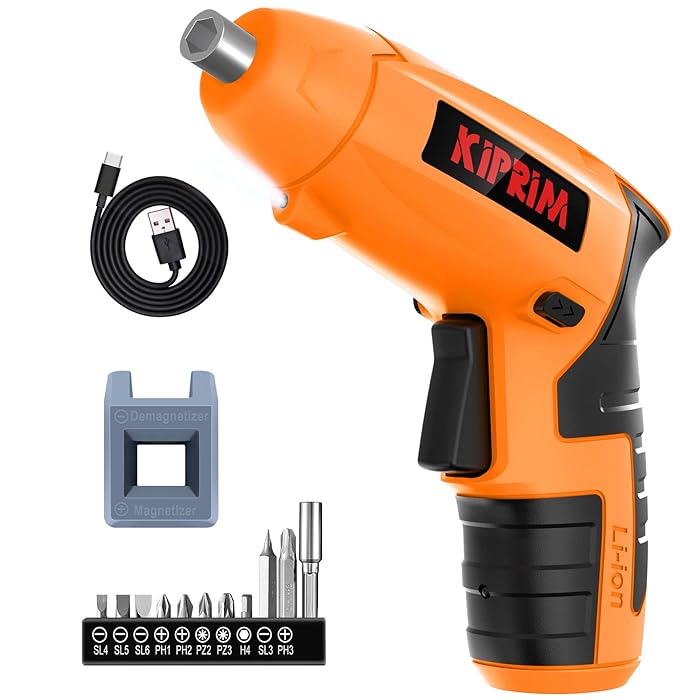 Small 4V Electric Screwdriver,Kiprim ES4 Cordless Screwdriver Tool with Rechargeable Battery,LED Front Light Power Display Light for Home DIY Orange