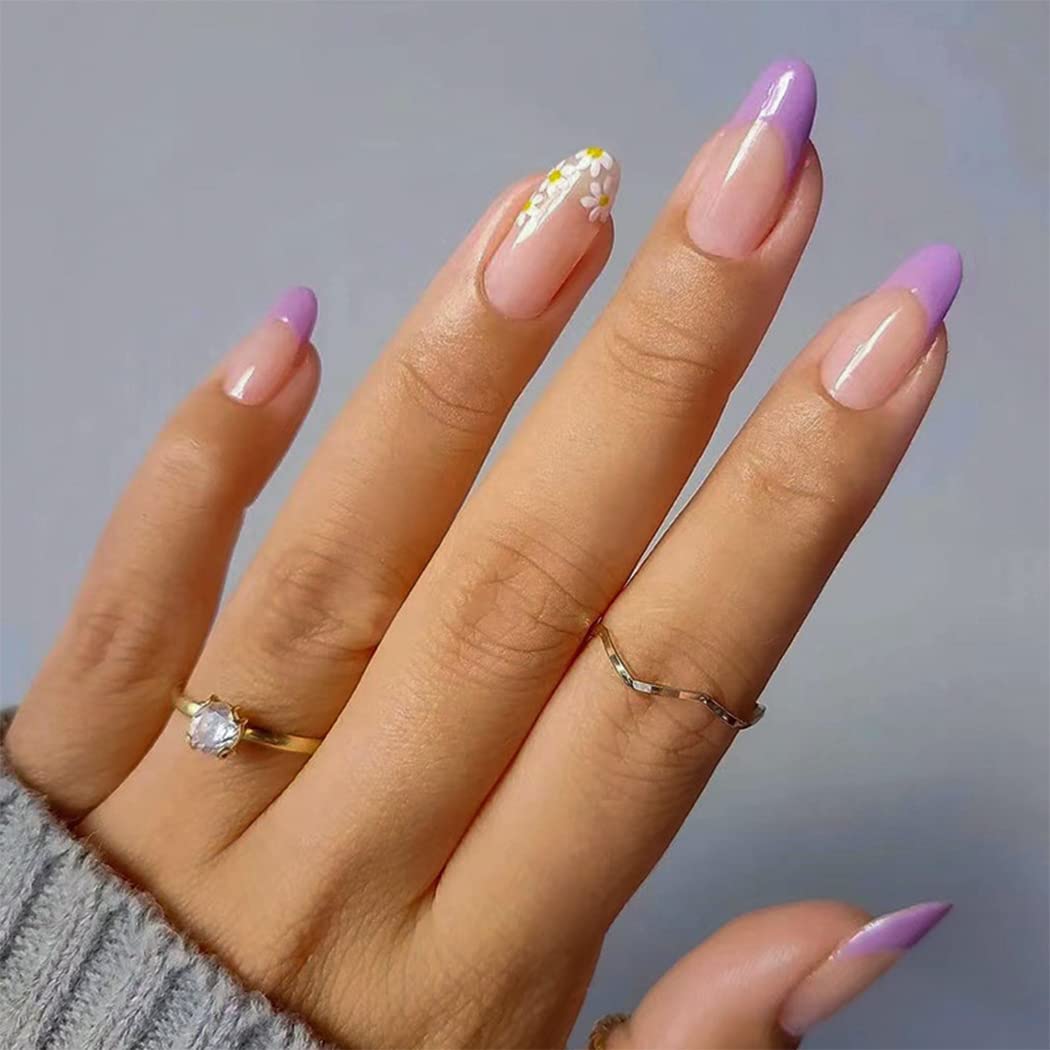 Sethexy Flower Almond Press on Nails Spring Stiletto Fake Nails French Acrylic Stick on Nails 24Pcs False Nails Tips