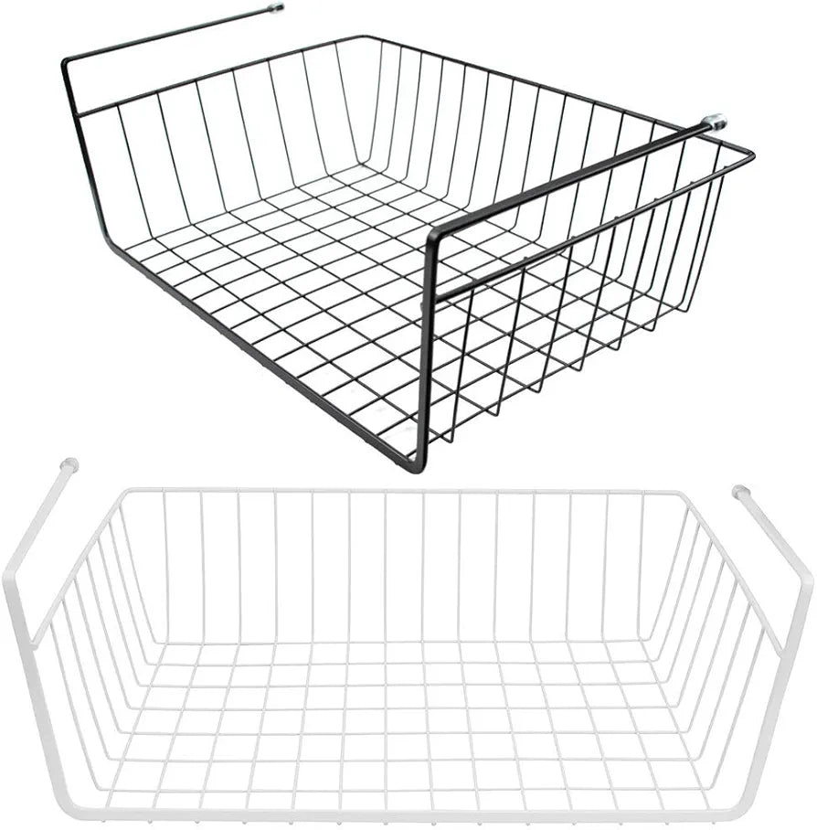 Lawei 2 Pack Large Under Cabinet Storage Shelf Wire Shelves Basket Organizer Fit Dual Hooks Kitchen Storage Under Shelf Storage Baskets for Kitchen Pantry Desk Bookshelf, Black and White