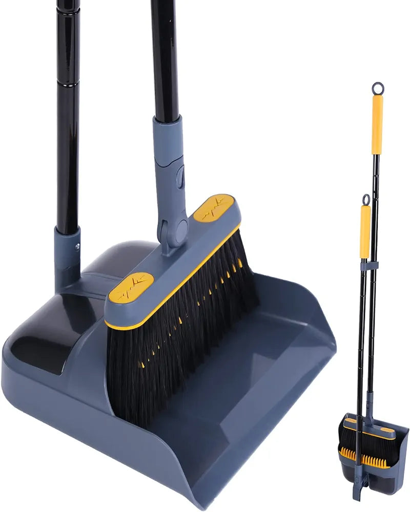 Dustpan and Brush Set Long Handled, JEHONN Tall 180 Degree Rotating Sweeping Brush, Household Dust Pan with Comb Teeth for Indoor Outdoor Garden Home Room Kitchen Office Lobby