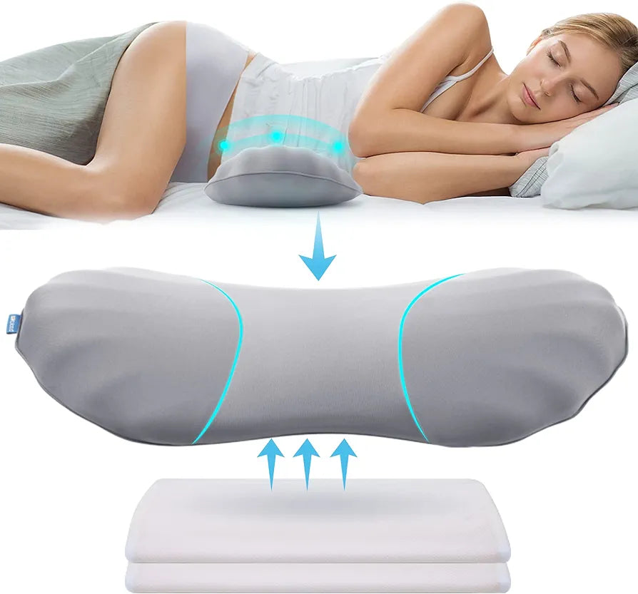 RESTCLOUD Adjustable Lumbar Support Pillow for Sleeping Memory Foam Back Lower Pain Relief, Sleeping, Bed and Chair with 2 Insert Pads, Moon Grey