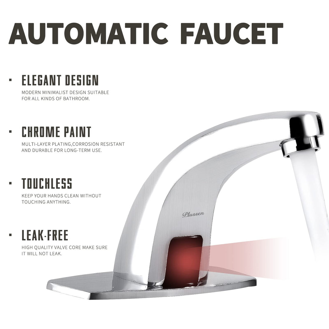 Plussen Touchless Bathroom Faucet Chrome Automatic Bathroom Sink Faucet with Hole Cover Plate, Hands Free Bathroom Water Tap with Control Box Tempureture Mixer Set