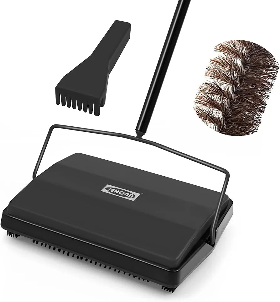 JEHONN Carpet Floor Sweeper Manual with Horsehair, Non Electric Quite Rug Roller Brush Push for Cleaning Pet Hair, Loose Debris, Lint Black