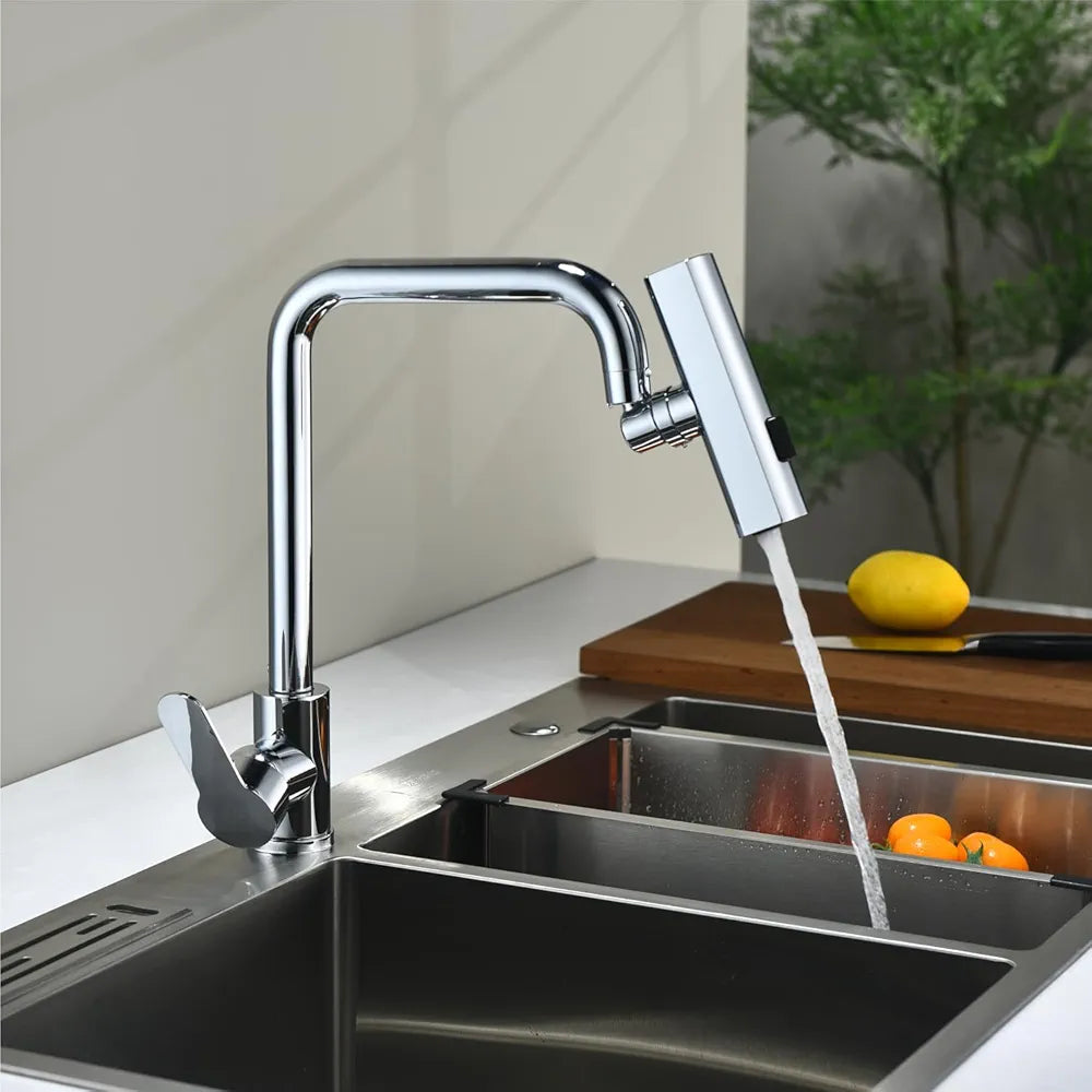 Kitchen Sink Taps Mixer with 3 Functions 360 Swivel Spray Head, NEWRAIN Single Handle 1 Hole Stainless Steel Kitchen Faucet, Polished Chrome