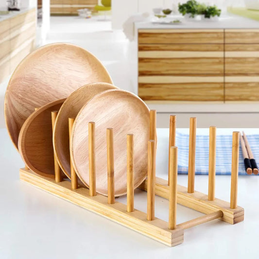 Lawei 4 Pack Bamboo Cupboards Dish Rack - Plate Rack Stand Pot Lid Holder, Kitchen Cabinet Organizer for Bowl, Cup, Cutting Board and More, 33 x 12 x 10.5cm