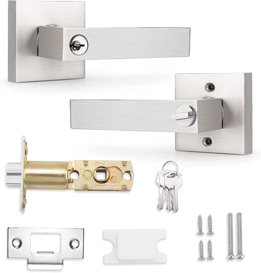 Probrico 1 Pack Entry Door Lever with Key Not Keyed Alike , Satin Nickel Exterior Door Handle, Stainless Steel Exterior Flat Reversible Door Handle, Security Front Door Lock Set