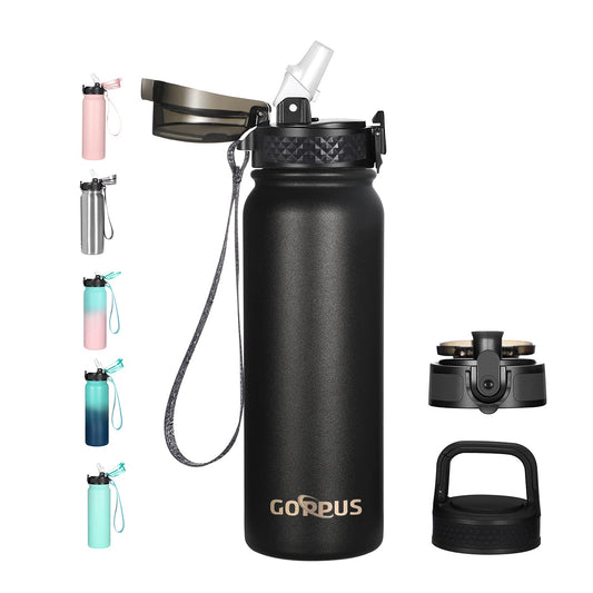 GOPPUS 600ml 20oz Stainless Steel Water Bottle with Straw Insulated Sports Bottle Cold Flask with Straw Double Walled Flip up Metal Water Bottles Leakproof Water Bottle for Gym Sports