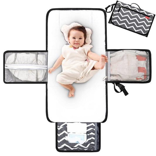 Lekebaby Portable Nappy Changing Mat Travel Baby Change Mat with Wipe-Pocket and Head Cushion, White Wave