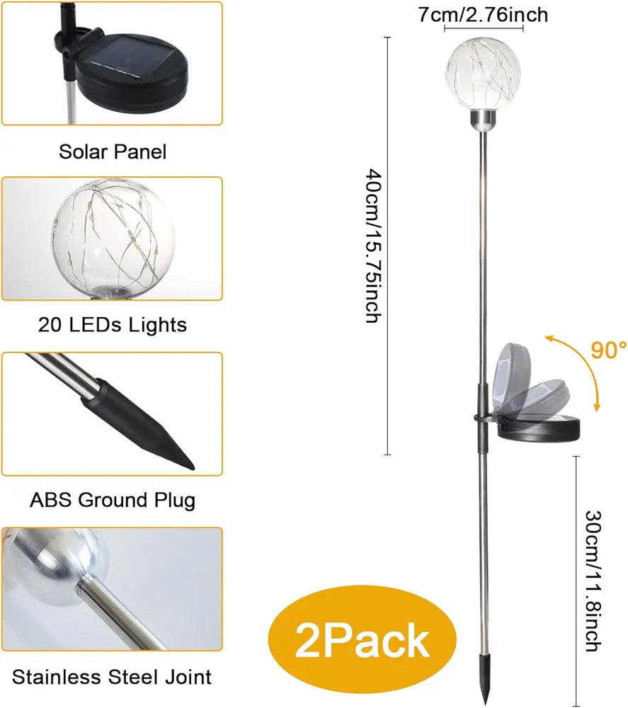 Acxilexy 2 Pack Solar Ball Lights, 20 LEDs Solar Garden Light, Waterproof Fairy Globe Light, Auto ON Off Landscape Stake Lights, 8 Modes Globe Stake Lights for Pathway Flower Fence Lawn Patio