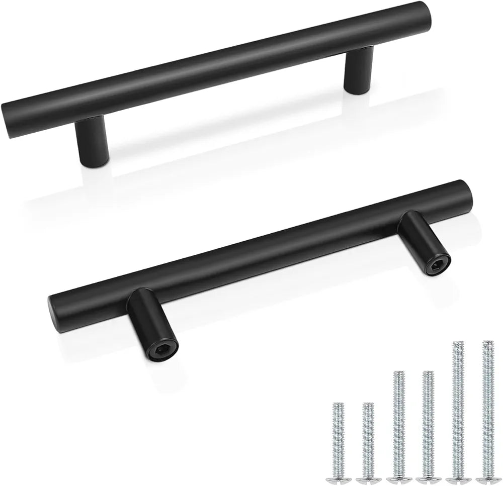 Probrico 5 x Matte Black T Bar Handle Pull Stainless Steel Kitchen Cabinet Cupboard Cabinet Door Knob 96mm Hole Centres for Wardrobe Door Handle