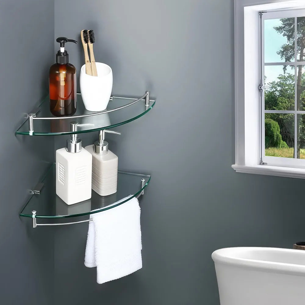 KES Glass Corner Shelf Bathroom Corner Shower Shelf Tempered Glass Shelf with Rail SUS 304 Stainless Steel Wall Mounted Brushed Finish 2 Pack, BGS2101A-2-P2