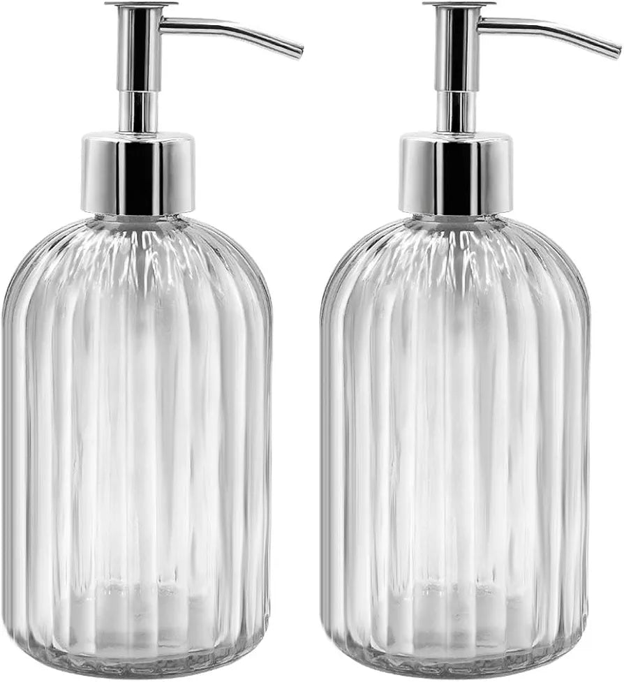 2 Pack Glass Soap Dispenser Bottle with Pump, 14 Oz Refillable Liquid Hand Jar Dispenser for Bathroom, Countertop, Kitchen, Laundry Room Transparent