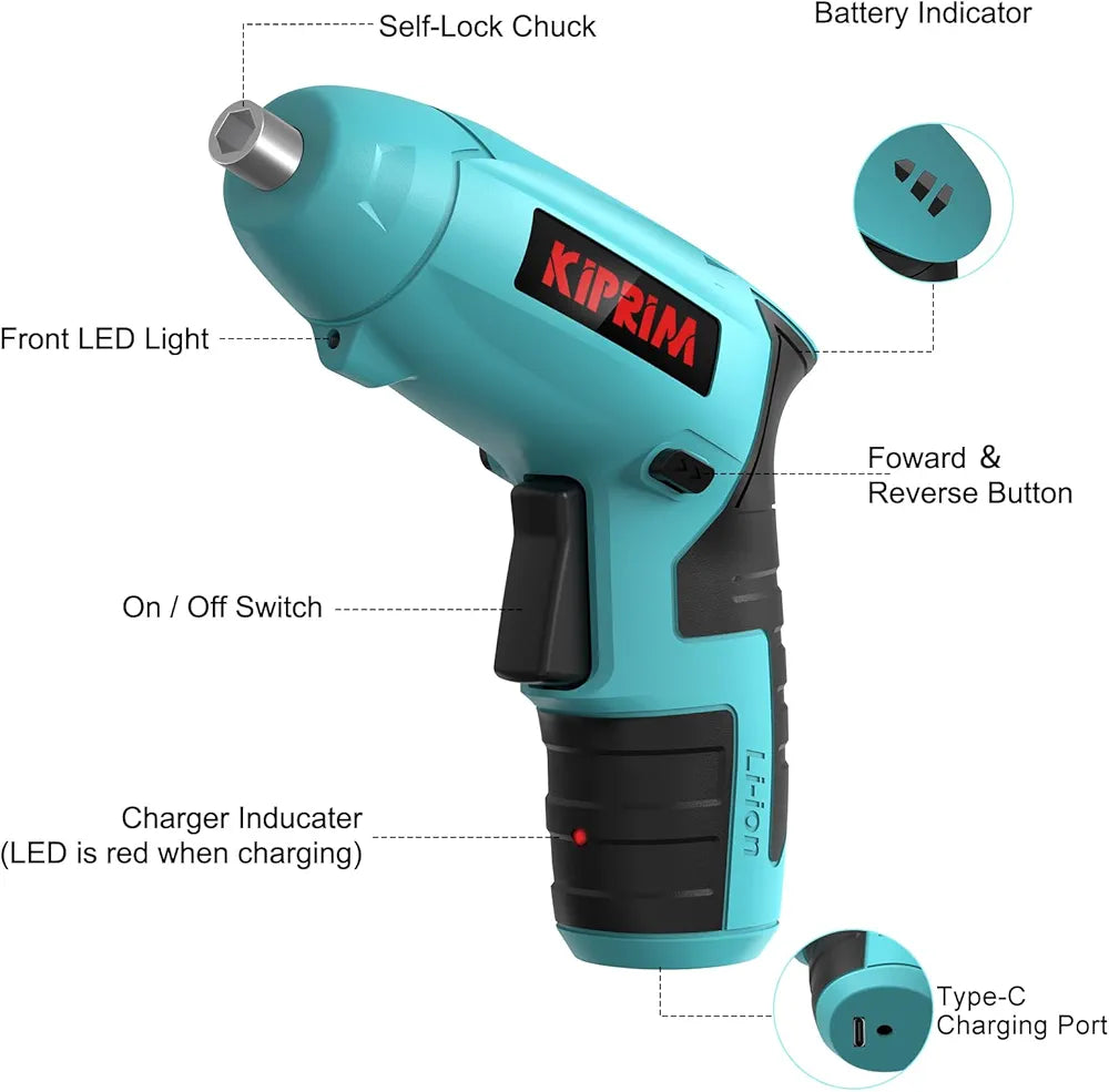 Small Mini Electric Screwdriver,Kiprim ES3 Cordless Screwdriver Tool with Rechargeable Battery,LED Front Light Power Display Light for Home DIY Blue