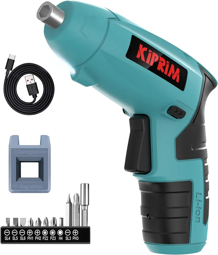 Small Mini Electric Screwdriver,Kiprim ES3 Cordless Screwdriver Tool with Rechargeable Battery,LED Front Light Power Display Light for Home DIY Blue