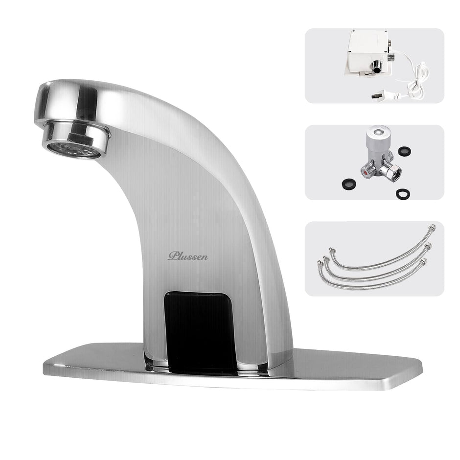 Plussen Touchless Bathroom Faucet Chrome Automatic Bathroom Sink Faucet with Hole Cover Plate, Hands Free Bathroom Water Tap with Control Box Tempureture Mixer Set