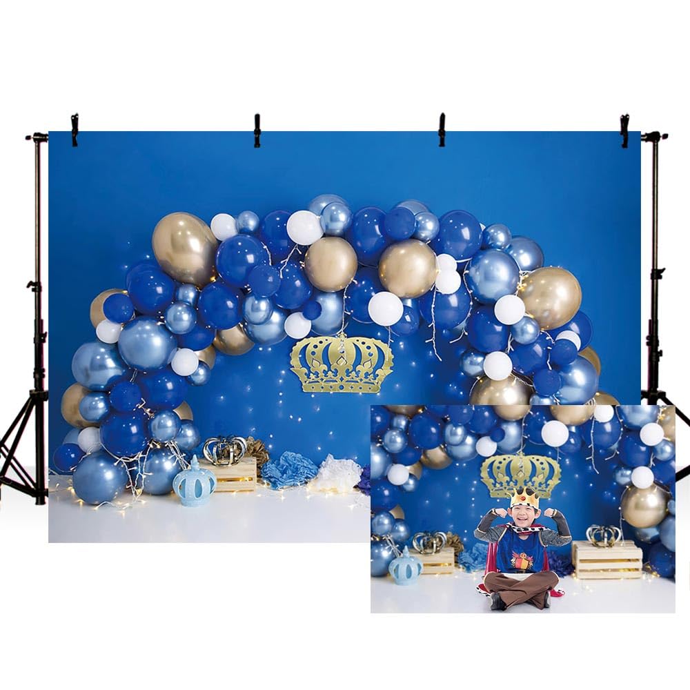 AIBIIN 7x5ft Blue Boy 1st Birthday Portrait Photography Background Gold Balloon Crown Professional Backdrop Baby Shower Cake Smash Banner Family Party Decoration Photo Booth Props Supplies