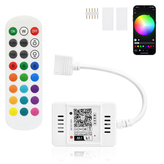 INDARUN WiFi Smart RGBW Led Strip Light Controller Remote Control 24 Keys Wireless for Multicolor Strip Lights, Compatible with Android iOS Work with Alexa Google Home