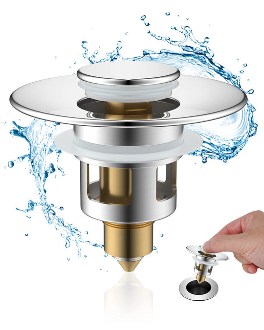 Hibbent Sink Plug Suitable for 25mm to 46mm, Pop up Sink Plugs with Drain Strainer, Brass Bounce Core Push-Type Drain Plug, Universal Sink Stopper Replacement for Bathroom and Kitchen,Chrome