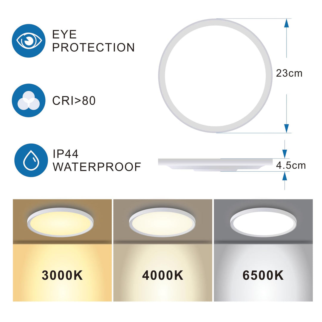 Yexati Bathroom Light, 18W 1800LM Ceiling Lights, 3000K 4500K 6000K, 3 Color Temperature Flush Ceiling Light, Waterproof Round Ultra Thin Ceiling Light for Kitchen,Toilet,Porch,Bedroom,Utility Room