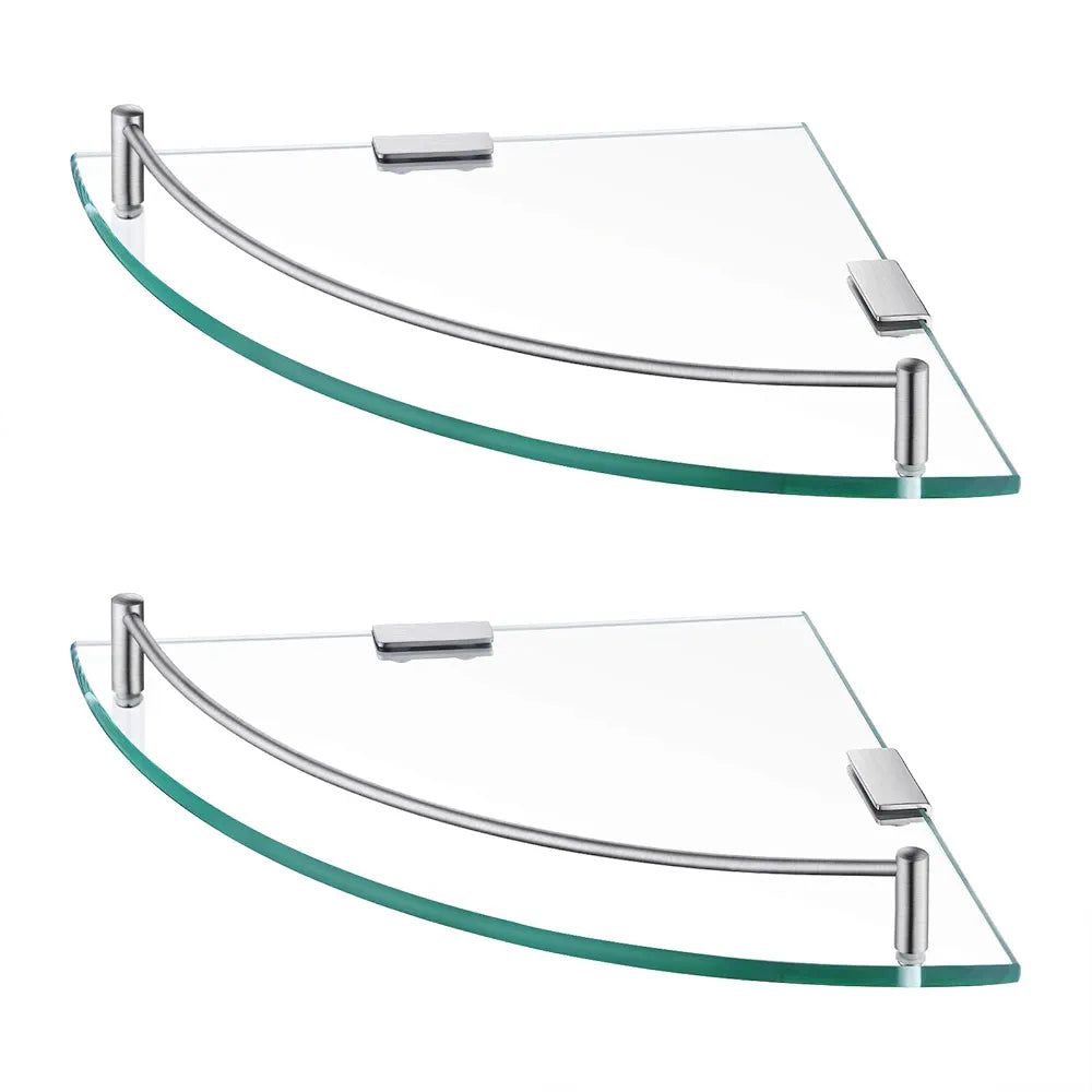 KES Glass Corner Shelf Bathroom Corner Shower Shelf Tempered Glass Shelf with Rail SUS 304 Stainless Steel Wall Mounted Brushed Finish 2 Pack, BGS2101A-2-P2