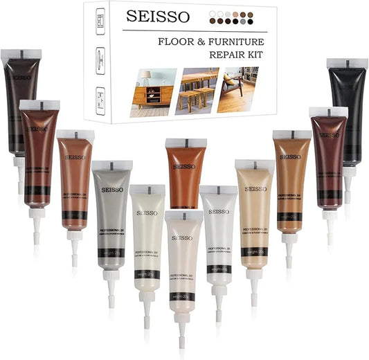 SEISSO Wood Furniture Repair Kit Wood Filler - Restore Any Wood Furniture, Laminate Floor, Cover Surface Scratch for Wooden Table, Cabinet, Door, Veneer, Cherry, Walnut, Touch up Maker Oak, 12 Colors