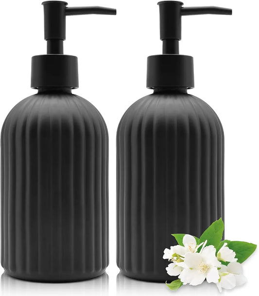 2 Pack Glass Soap Dispenser Bottle with Pump, 14 Oz Refillable Liquid Hand Jar Dispenser for Bathroom, Countertop, Kitchen, Laundry Room Black