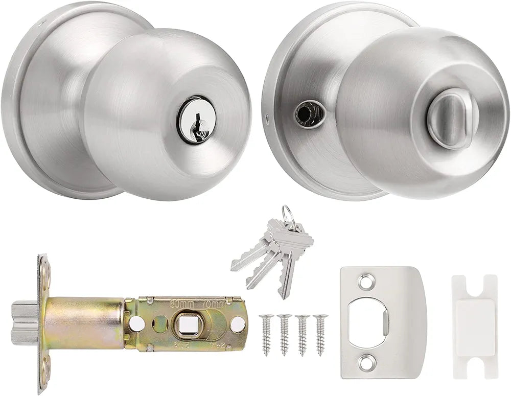 Probrico Entry Door Knob with Key Stainless Steel Exterior Door Knobs Round Security Front Door Lock Set Satin Nickel