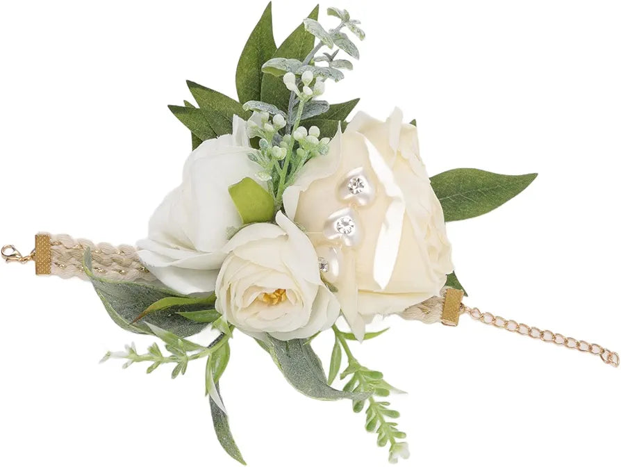 BuyWeek Wrist Corsages, Wedding Wristlet Corsage Bracelets Bride Wrist Flower Decorative White Roses and Green Leaves for Prom Party