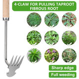 Long Handle Weed Remover Tool, Weeding Tools for Garden, Stainless Steel Forged Weed Puller Root Remover 4 Teeth Dual Heads Weeder, Wooden Handle Weed Puller for Dandelion Patio Crack Lawn Grass