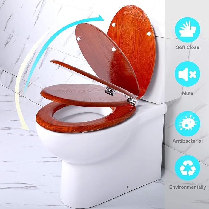 Angel Shield Antibacterial Wooden Soft Close Toilet Seat with Quick Release Adjustable Hinges Toilet Seat Easy Clean and Assembly for Bathroom Aoki Brown