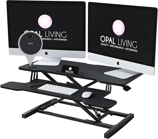 Opal Living Black 36" / 91.5cm White Standing Desk Converter with Wireless Charger and USB Port - Portable Adjustable Desk Riser with Keyboard Raiser - Stand Up Desk Converter Sit to Stand Desk Stand