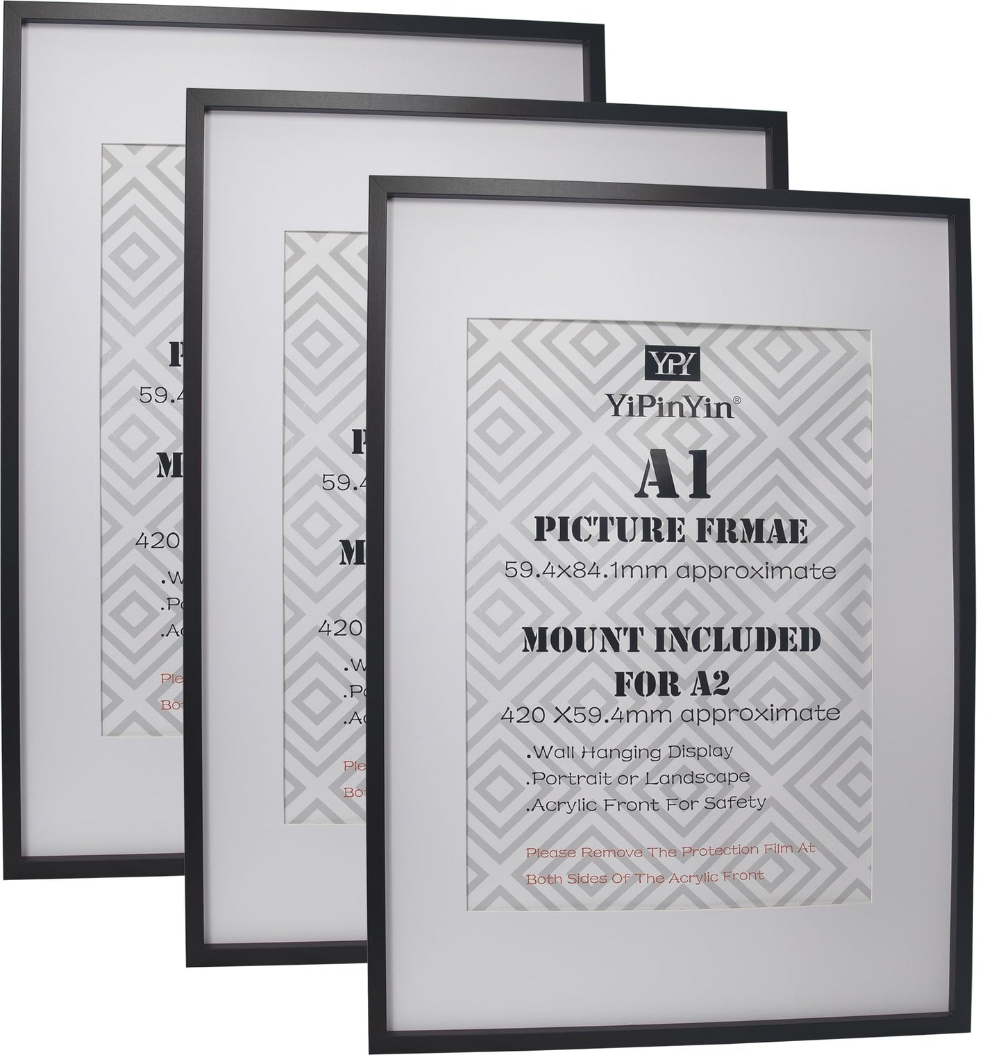 Black A1 59.4x84.1cm Gallery Picture Frames Set of 3 with Mounts for A2 41x58.4cm , A1 boxed photo frames 3pack,A1 Poster Frame with Mount for A2 photo