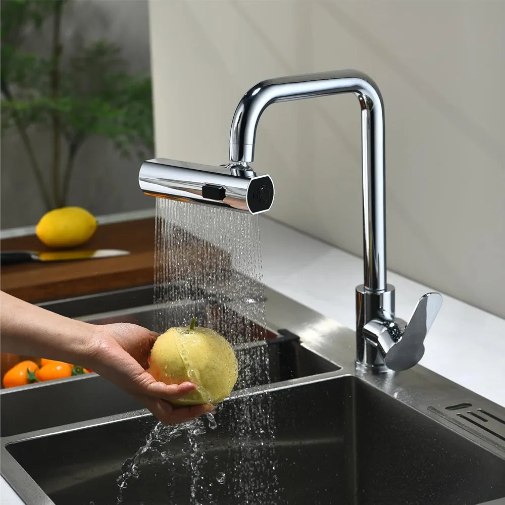 Kitchen Sink Taps Mixer with 3 Functions 360 Swivel Spray Head, NEWRAIN Single Handle 1 Hole Stainless Steel Kitchen Faucet, Polished Chrome