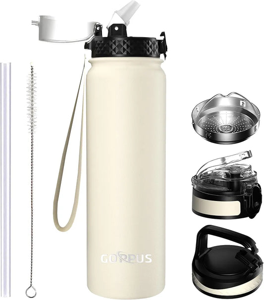 GOPPUS 1L 32oz Stainless Water Bottle with Straw Double Wall Insulated Bottles Reusable Vacuum Thermal Flask Leakproof Drinks Bottle Sports Bottle Cold Gym Bottle Men Women Steel Bottle Metal Bottle