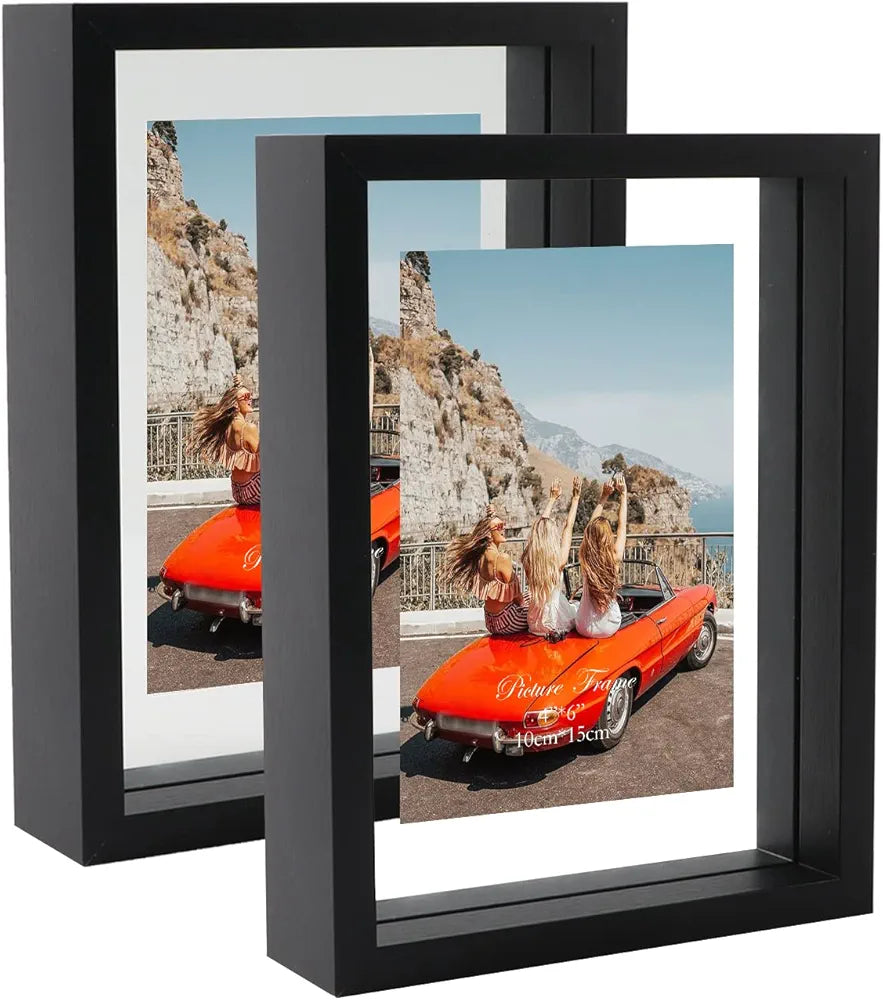 EXYGLO 2 Pack 6x4 Photo Frames with Double Sided Glass, Floating Picture Frames 4x6 Display up to 8x6 photos for Desktop or Wall Hanging, Black