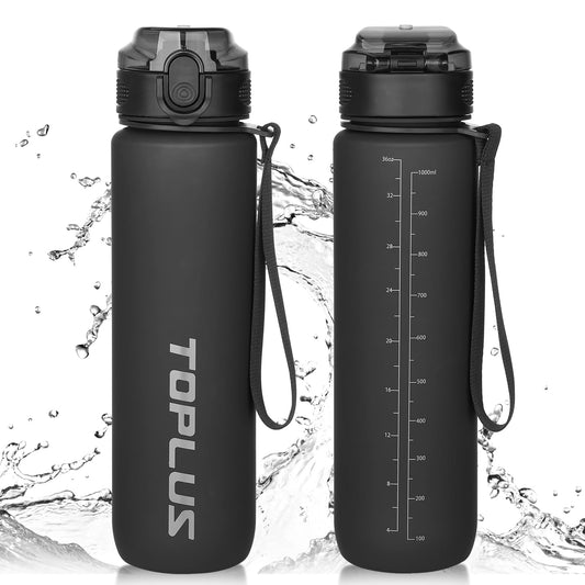 TOPLUS Sports Water Bottle 1L, BPA-Free Tritan Plastic Water Bottle for teenagers, adults, sports, hiking, gym, fitness, outdoor activities, cycling, school and office Black