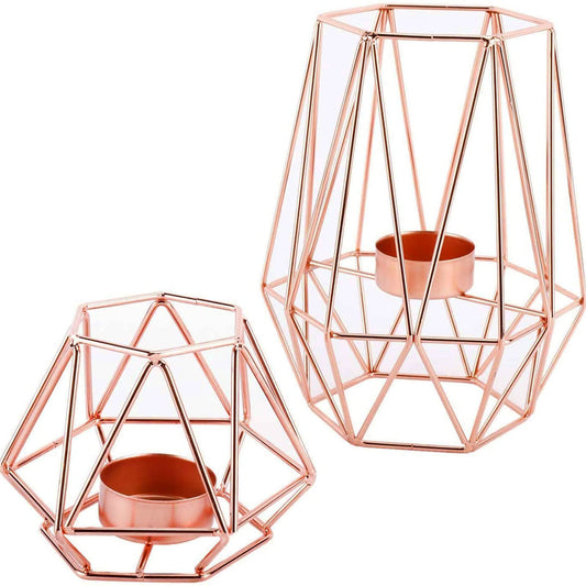 Homtone 2 Pcs Metal Hexagon Tealight Candle Holders, Rose Gold Geometric Hollow Tea Light Lanterns Holders Ornament for Home Decor 8cm 17cm