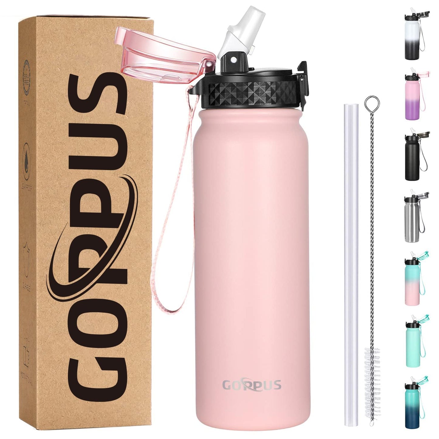 GOPPUS 750ml 24oz Insulated Water Bottles with Straw 0.75 Litre Metal Bottles Steel Thermal Flask Stainless Steel Gym Bottle Double Walled Drinks Bottle Leakproof Hot Cold Water Flask BPA Free