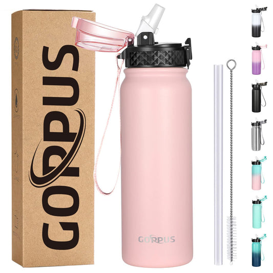 GOPPUS 600ml 20oz Stainless Steel Water Bottle with Straw Insulated Sports Bottle Cold Flask with Straw Double Walled Flip up Metal Water Bottles Leakproof Water Bottle for Gym Sports Pink