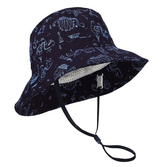 JUPSK Kids Sun Hat, Unisex Bucket Hat Boys Beach Hat with Adjustable Chin Strap Wide Brim Dinosaur Pattern Summer Cap for Boys Girls Child Summer Play Navy Blue