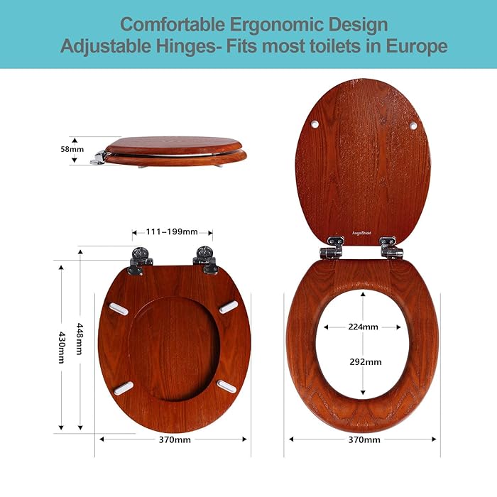 Angel Shield Antibacterial Wooden Soft Close Toilet Seat with Quick Release Adjustable Hinges Toilet Seat Easy Clean and Assembly for Bathroom Aoki Brown