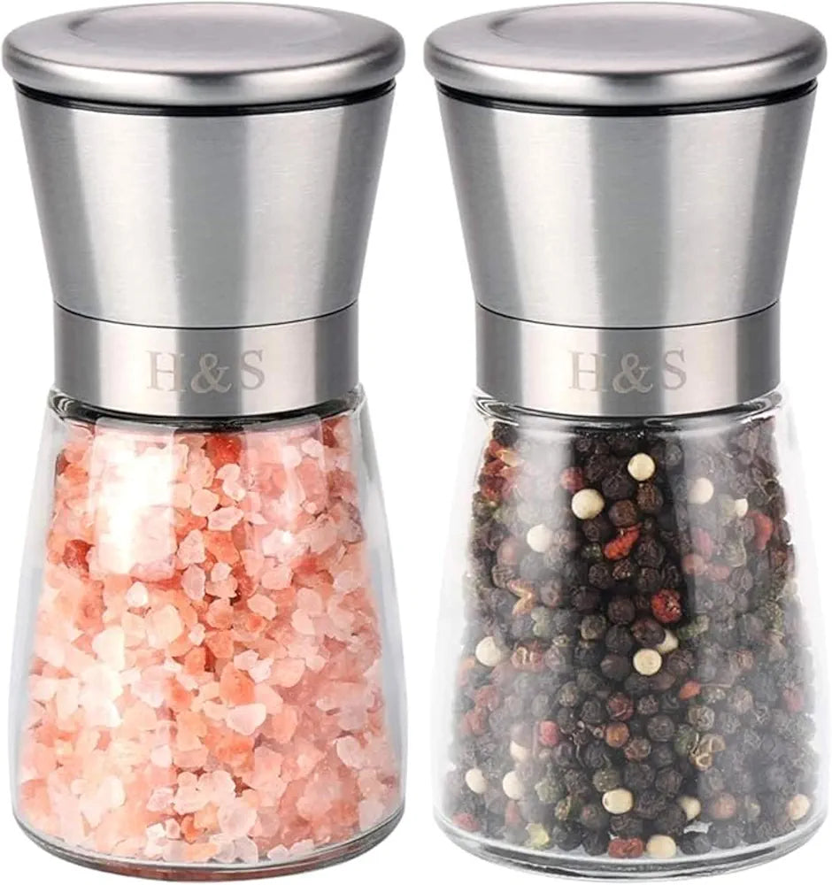 H S Salt and Pepper Grinder Set - Manual Mill Grinders for Kitchen - Glass and Stainless Steel Spice Mills with Adjustable Coarseness - Easy to Use and Fill - Large Capacity