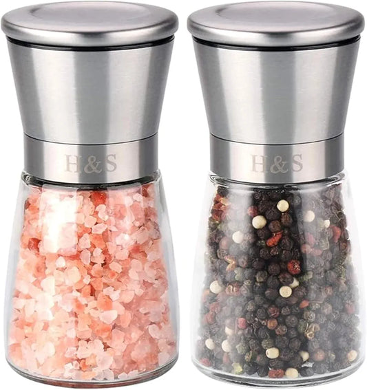 H S Salt and Pepper Grinder Set - Manual Mill Grinders for Kitchen - Glass and Stainless Steel Spice Mills with Adjustable Coarseness - Easy to Use and Fill - Large Capacity