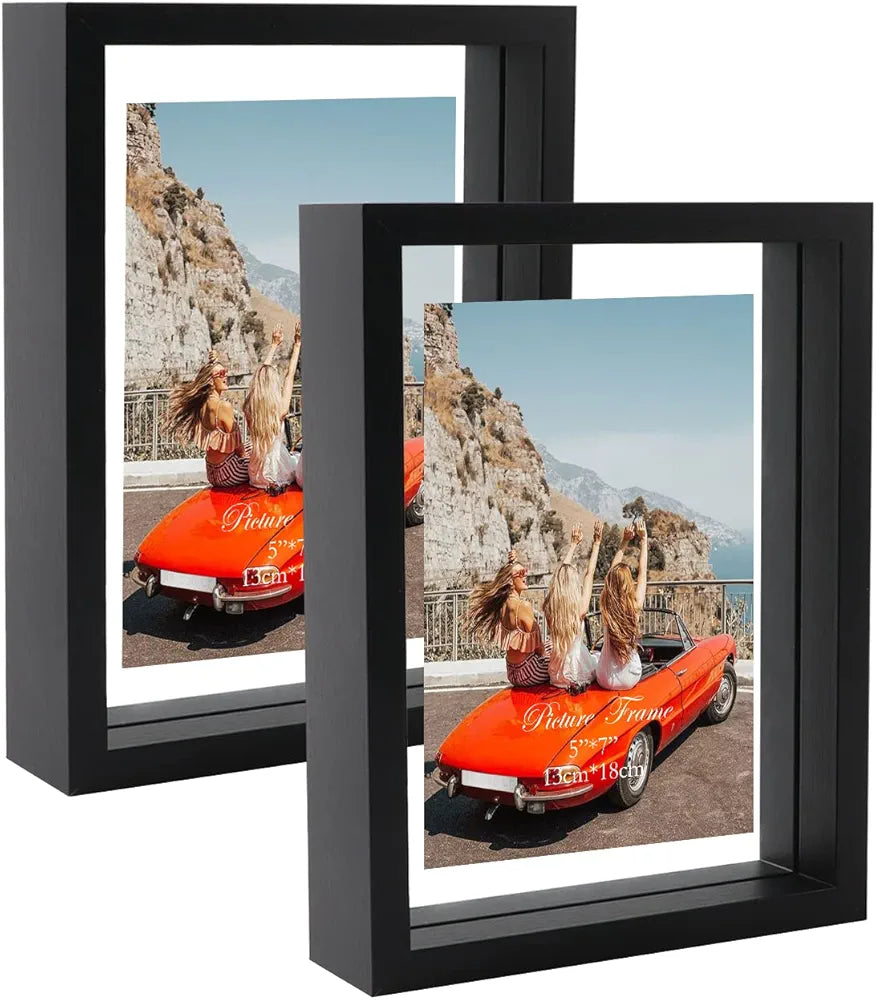 EXYGLO 2 Pack 7x5 Photo Frames with Double Sided Glass, Floating Picture Frames 5x7 Display up to 9x7 photos for Desktop or Wall Hanging, Black