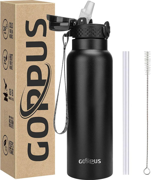 GOPPUS 750ml 24oz Insulated Water Bottles with Straw 0.75 Litre Metal Bottles Steel Thermal Flask Stainless Steel Gym Bottle Double Walled Drinks Bottle Leakproof Hot Cold Water Flask BPA Free