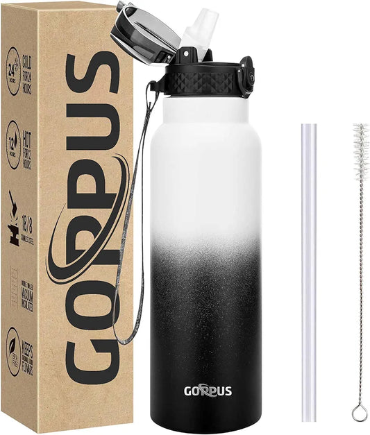 GOPPUS 750ml 24oz Insulated Water Bottles with Straw 0.75 Litre Metal Bottles Steel Thermal Flask Stainless Steel Gym Bottle Double Walled Drinks Bottle Leakproof Hot Cold Water Flask BPA Free